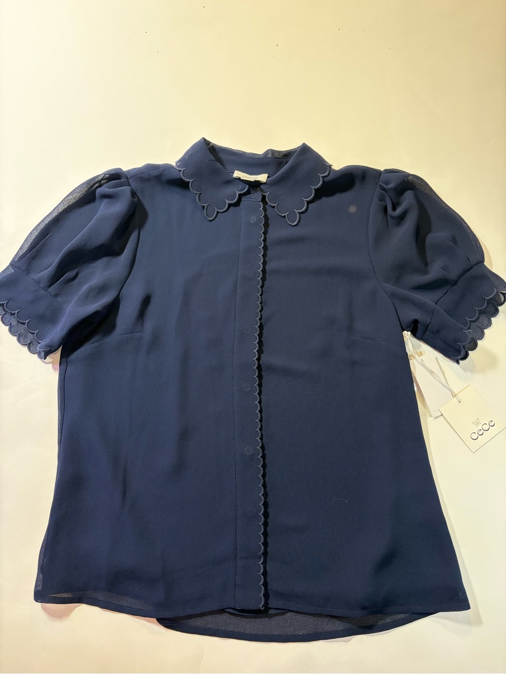 CeCe Navy Scalloped Collar Short Puff Sleeve Blouse